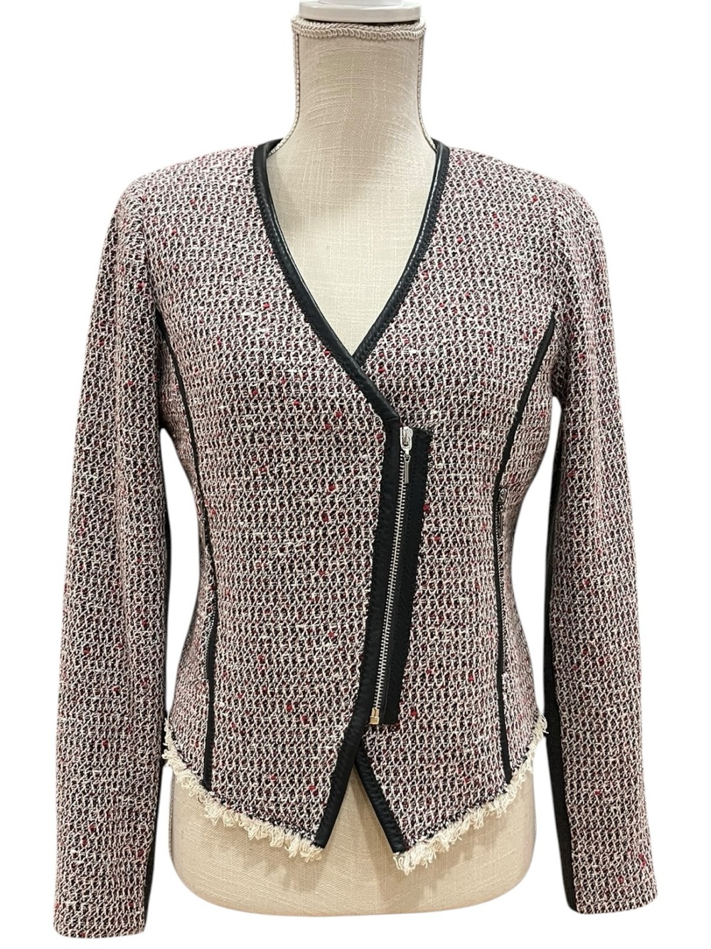 Rebecca Taylor Cutaway Leather Trim Tweed Jacket size 8 - Picture 3 of 10